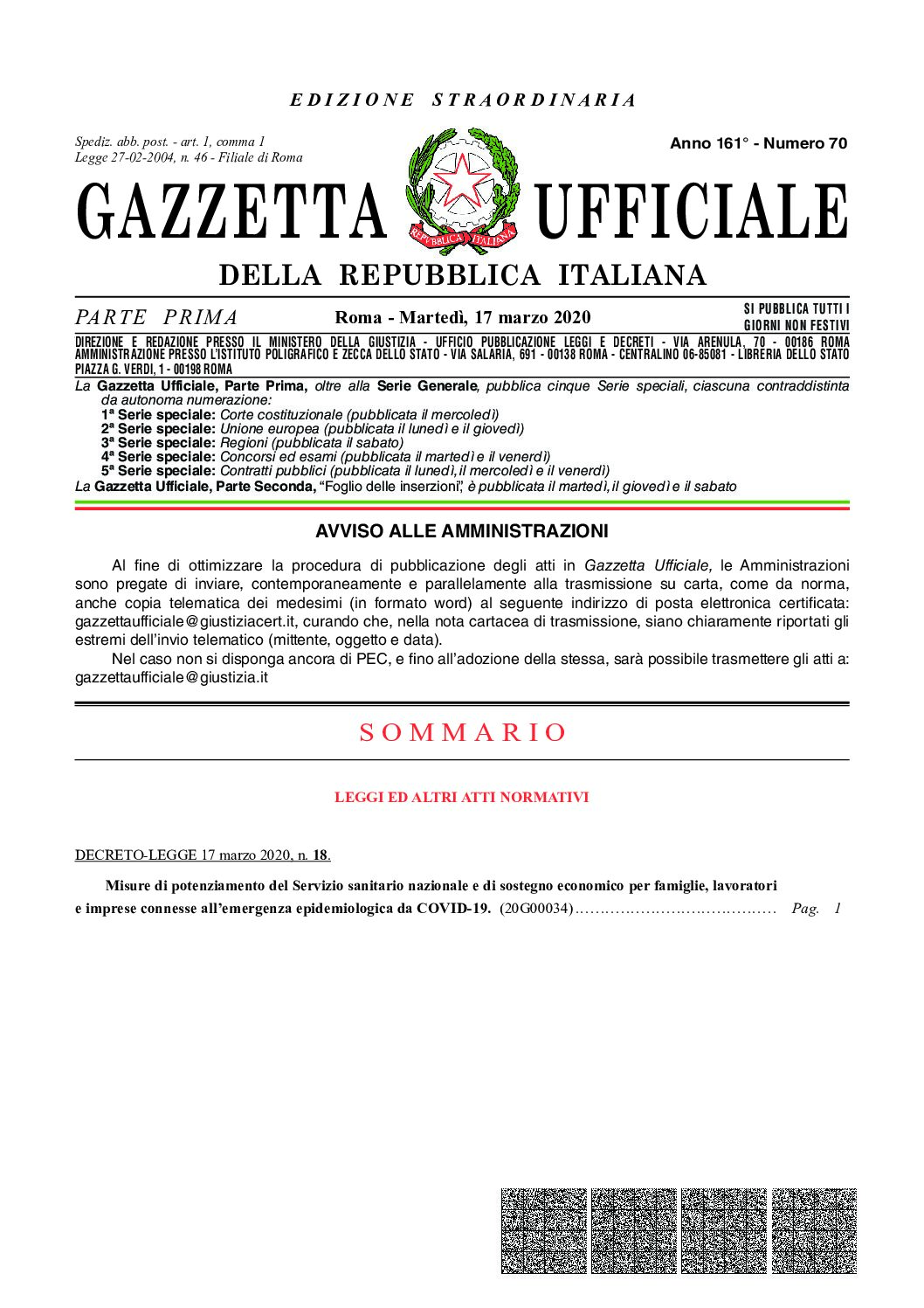 DECRETO-LEGGE 17 marzo 2020, n. 18(1)