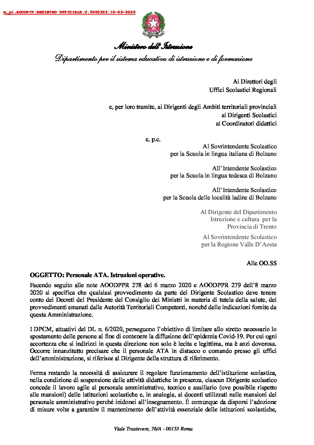 Nota prot. n. 323 del 10 marzo 2020